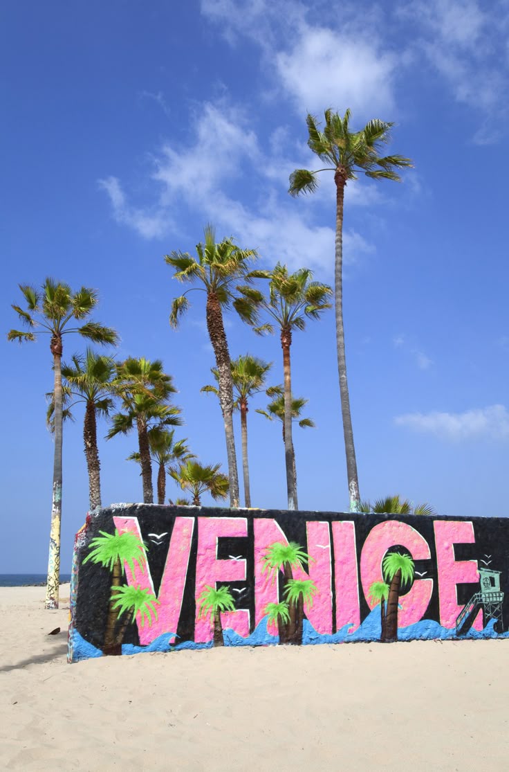 VENICE 문구가 적힌 간판과 해변, 팜트리가 보이는 자연 풍경