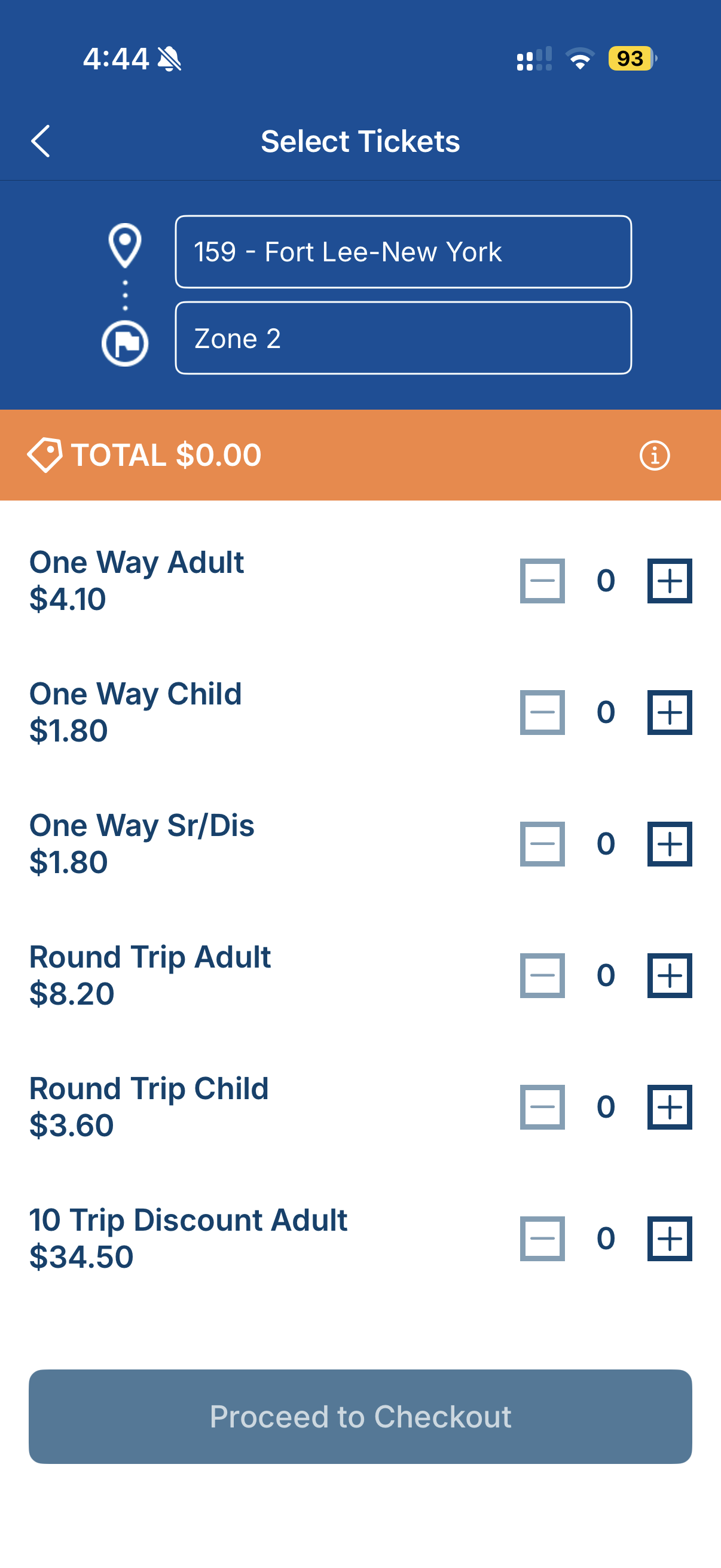 Select Tickets 문구와 함께 출발지, 도착지 입력란 및 티켓 유형 목록이 보이는 모바일 앱 화면