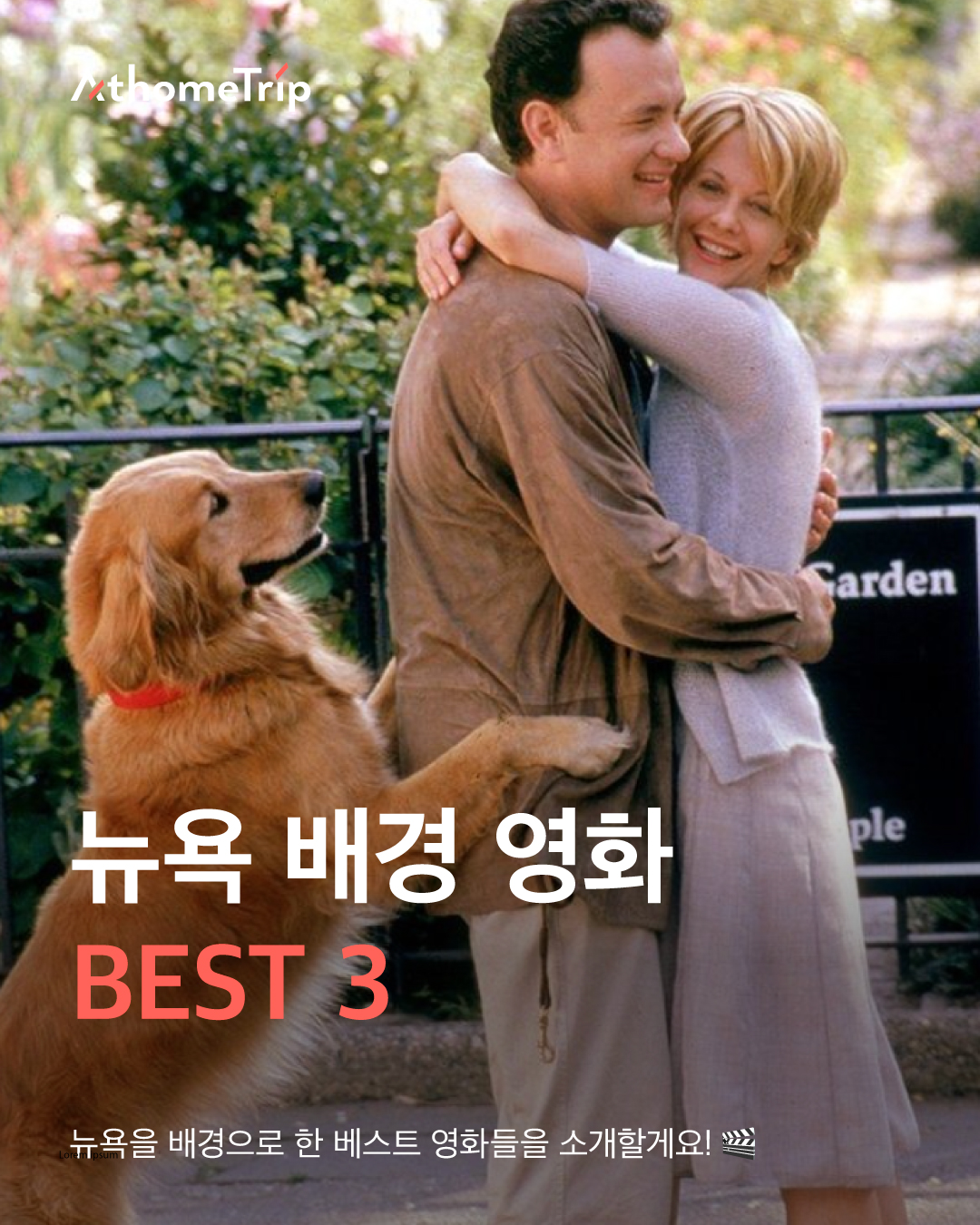 정원에서 두 사람과 강아지가 서로 포옹하고 있으며 뉴욕 배경 영화 BEST 3라는 글자가 적힌 간판이 보이는 실외 장면