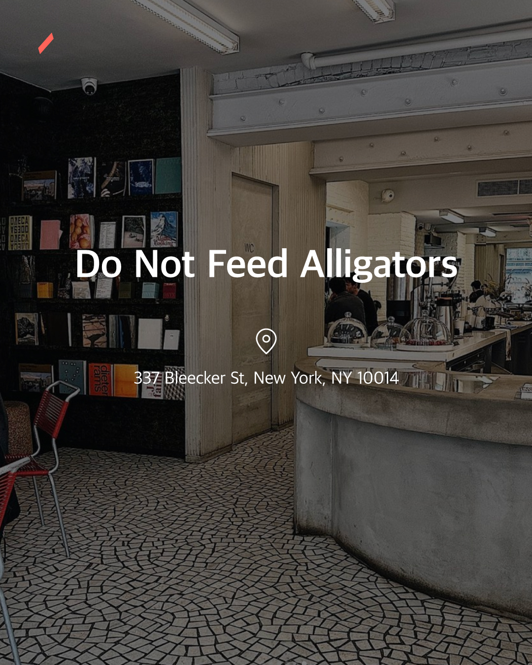 Do Not Feed Alligators 매장의 타일 벽면과 카운터 및 의자