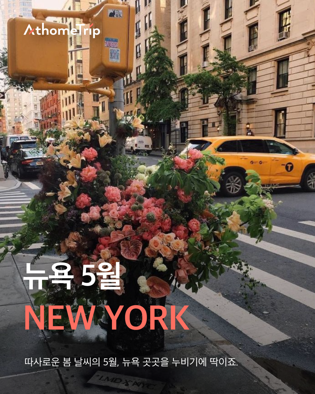 도시 거리에 꽃이 가득한 화분과 노란 택시가 지나가는 모습