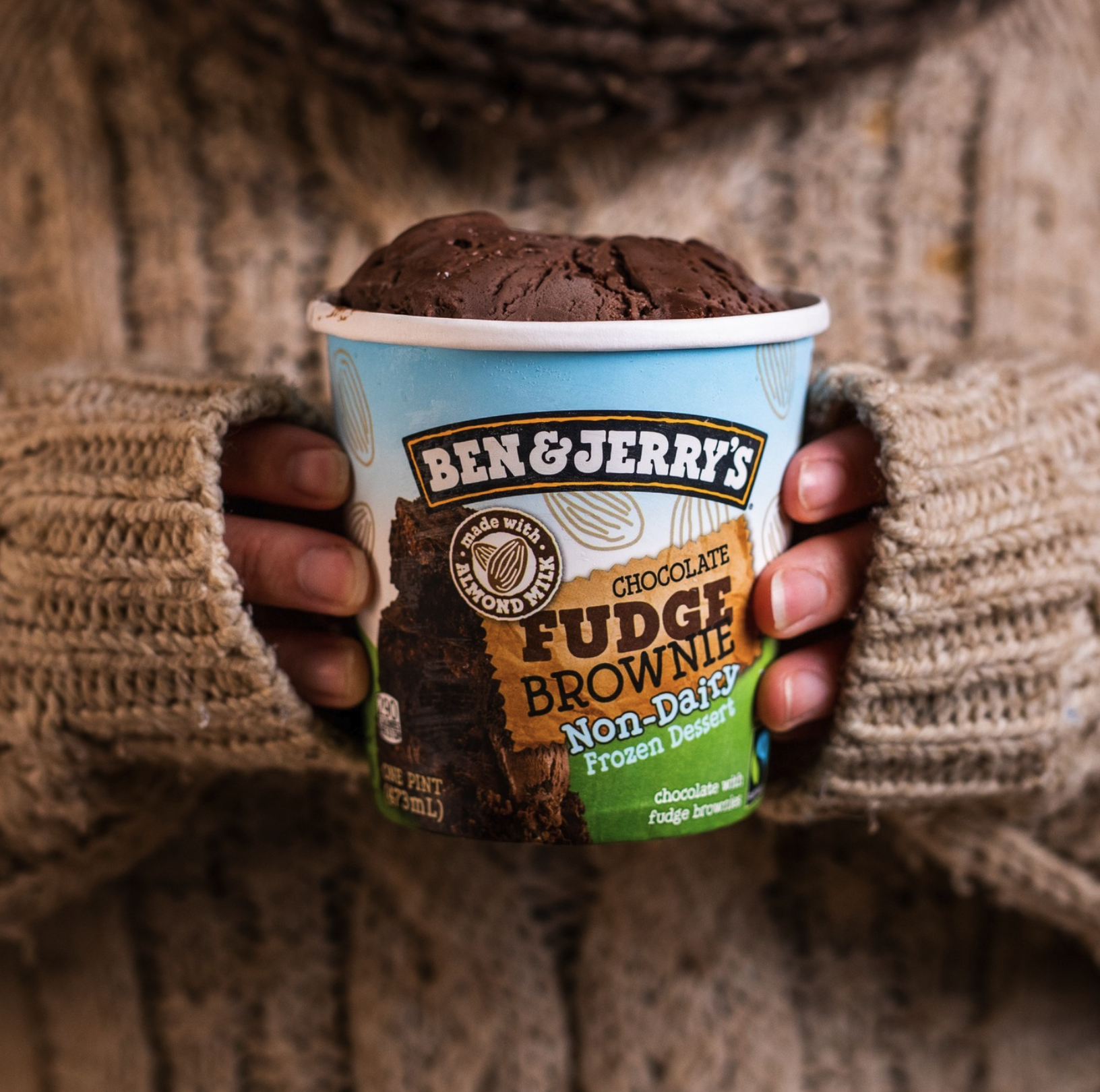 손에 들고 있는 BEN & JERRY'S 초콜릿 푸드브라우니 아이스크림 컵